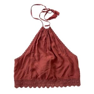 American Eagle Outfitters AEO Rust Halter Crop Top with Lace Trim